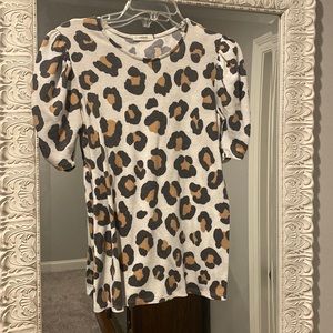 Leopard waffle texture top with puff Ruched sleeves